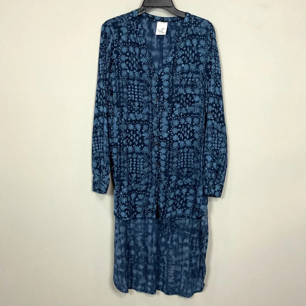 Artistic Blue Hi Low Tunic Top Roll Tab Sleeve ARTISTIC WORKS by LU Sz M